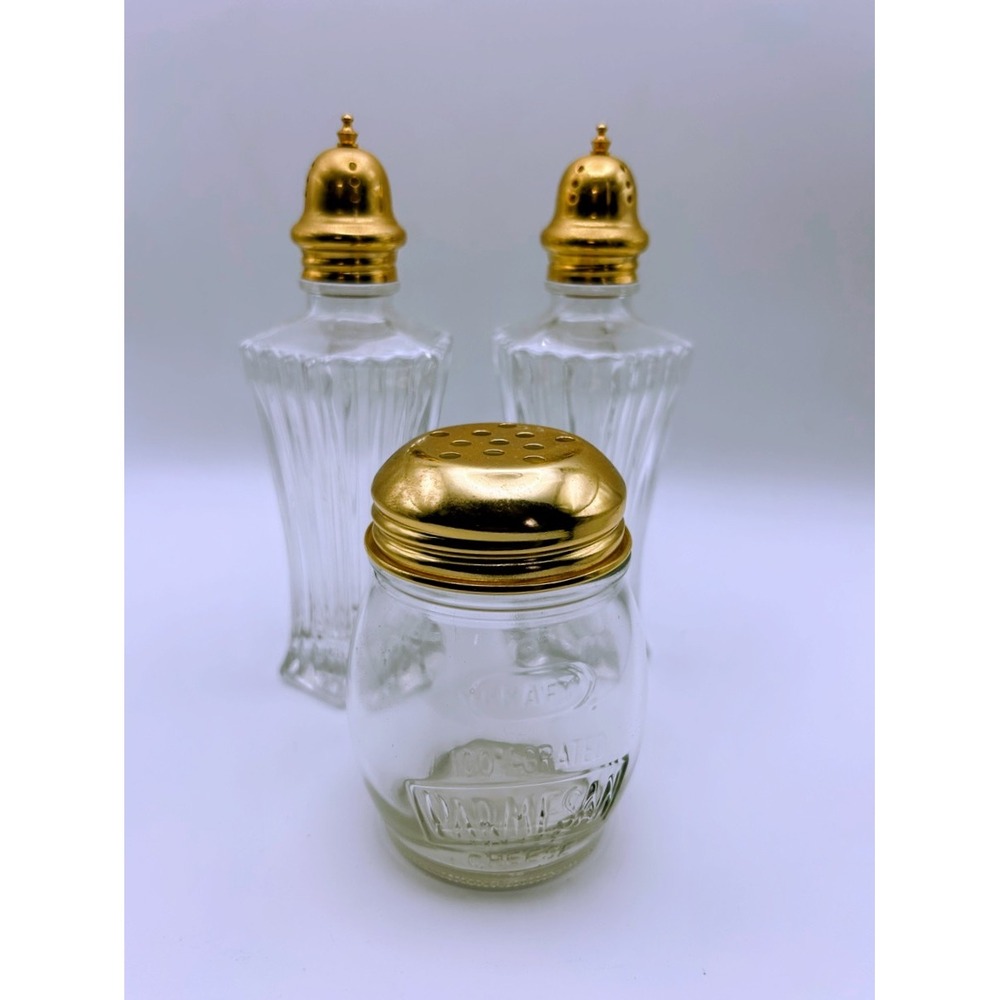 Vintage Glass Shaker Set 3pc Ribbed Salt Pepper & Kraft Parmesan Cheese Gold Lid